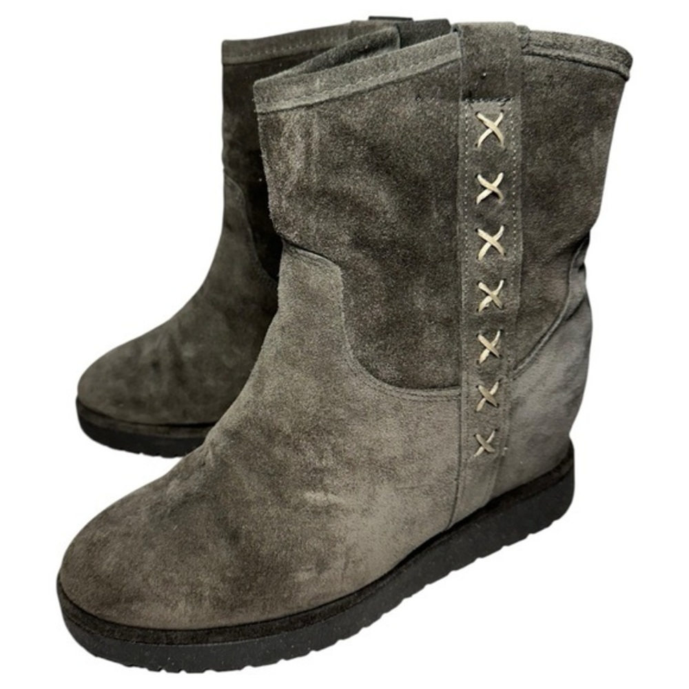 Sundance Women’s 37 7 Ashville Gray Faux Suede Shearling Mid Calf Stitched Boots
